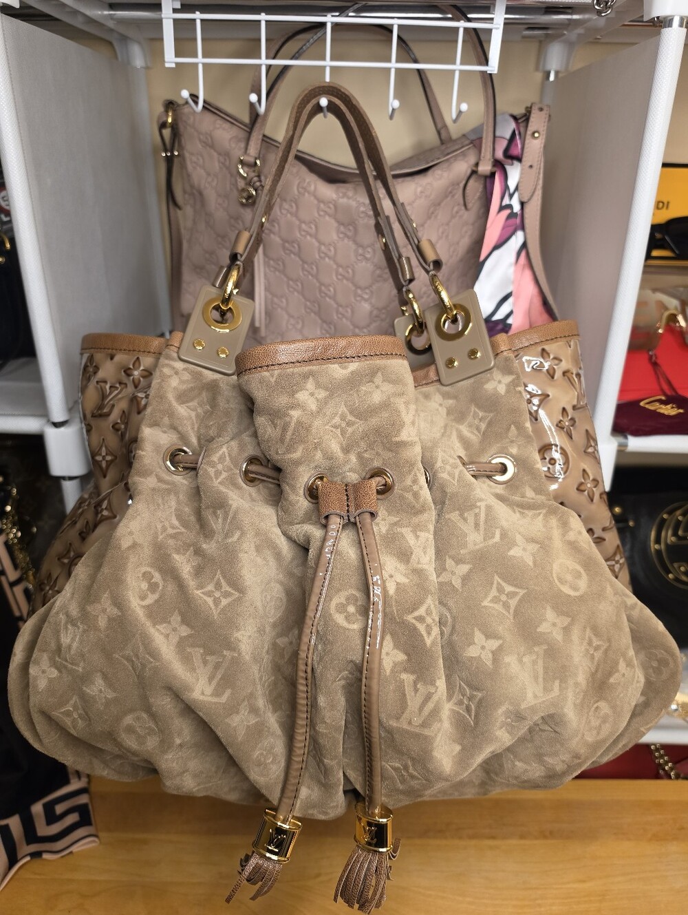 Louis Vuitton Irene Coco Drawsting Tassel Hobo Monogram Suede & Patent Leather